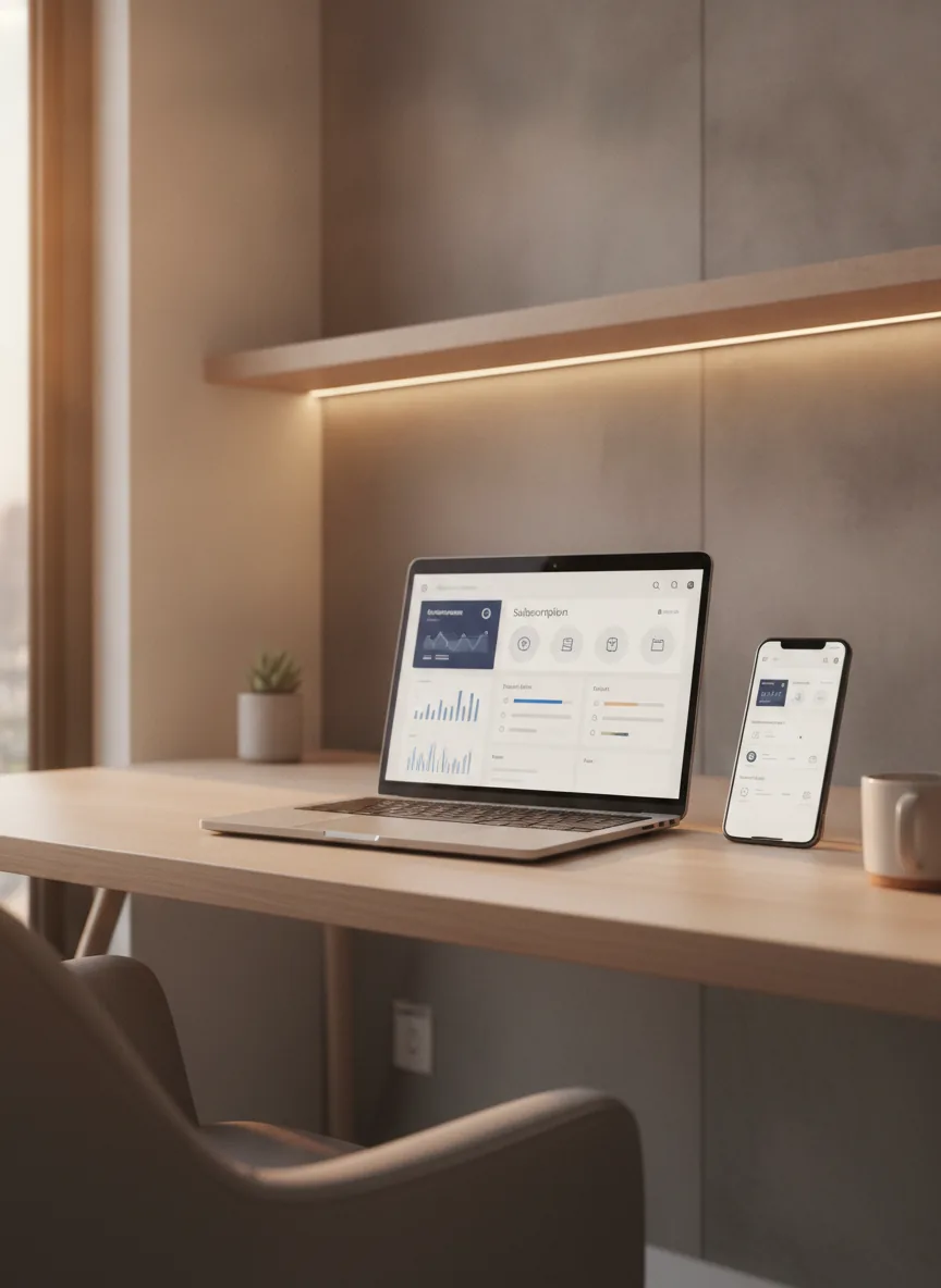 clean customer support workspace with laptop and smartphone,