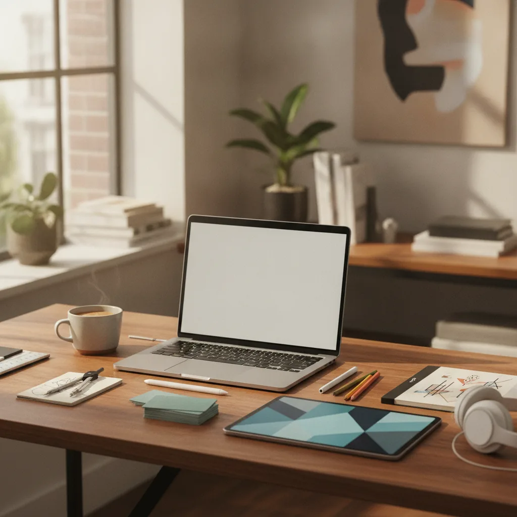 Square lifestyle photo of a creative workspace with